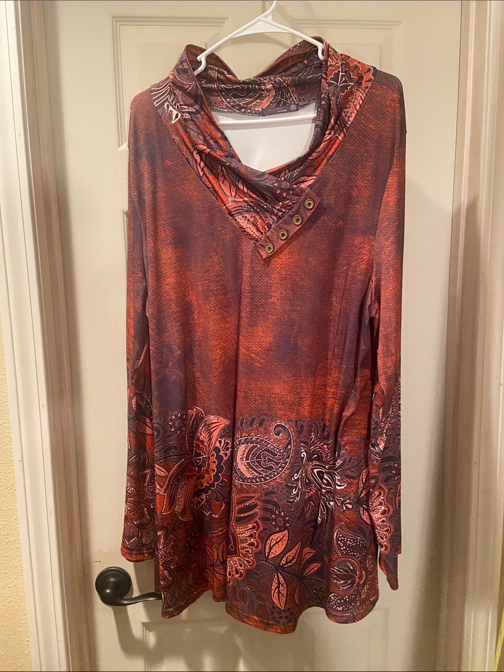Cowl-Neck Paisley Tunic Top in Rust